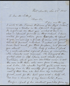 Letter from Lydia Maria Child, West Newton, to Samuel Kirkland Lothrop, Nov. 23d, 1851 and Dec. 21st, 1851