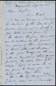 Draft of letter from Anne Warren Weston, Weymouth, [Mass.], to Eliza Wigham, Sept. 15, 1850