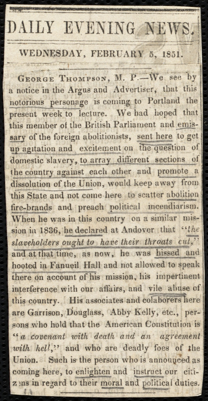 Newspaper clipping about George Thompson, [Portland, Maine], to Anne Warren Weston, Wednesday, February 5, 1851