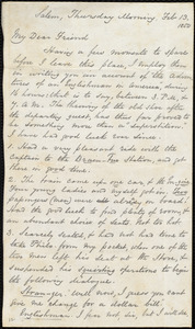 Letter from George Thompson, Salem, [Mass.], to Anne Warren Weston, Thursday Morning, Feb. 13, 1850