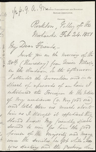 Letter from George Thompson, Rockton, Valley of the Mohawk, [NY], to Anne Warren Weston, Feb. 24, 1851, 1/2 p.[past] 9 a.m