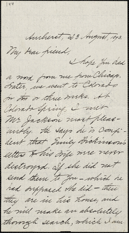 Mabel Loomis Todd, Amherst, Mass., autograph letter signed to Thomas Wentworth Higginson, 23 August 1893