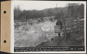 Ware River near degreasing plant of the Barre Wool Combing Co., drainage area = 103 square miles, flow over dam (visible in photo) = 690 cubic feet per second, flow through wheels = 220 cubic feet per second, total 910 cubic feet per second, Barre, Mass., 2:00 PM, Apr. 3, 1933