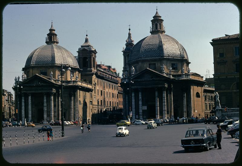 View of Santa Maria dei Miracoli and Santa Maria in Montesanto from Piazza del Popolo, Rome, Italy