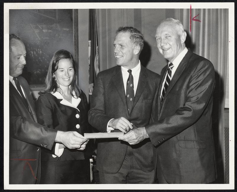 Sears Roebuck Gift to Boston’s Summerthing, $1000, is presented to city. From left, Robert P. Tibor, general manager of the catalog order plant, Mrs. Katharine D. Kane, director of Boston’s Neighborhood Festival, Mayor White, and Robert K. Wilson, general manager of Sears stores in eastern Massachusetts.