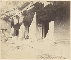 General view from the right of porch and entrance to Buddhist Vihara, Cave XVII, Ajanta