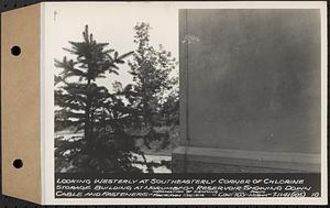 Contract No. 105, Lightning Protection for Buildings, Barre, Belchertown, Hardwick, Marlborough, Rutland, Southborough, Weston, West Boylston, looking westerly at southeasterly corner of chlorine storage building at Norumbega Reservoir showing down cable and fasteners, Weston, Mass., Jul. 11, 1941