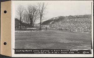 Contract No. 51, East Branch Baffle, Site of Quabbin Reservoir, Greenwich, Hardwick, looking north along highway, east branch baffle, Hardwick, Mass., Dec. 4, 1936