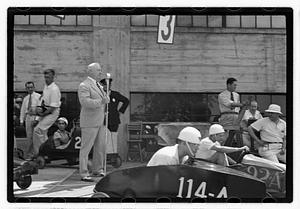 Boston Traveler Soap Box Derby July 1938, Boston Parks Commissioner William Long on microphone