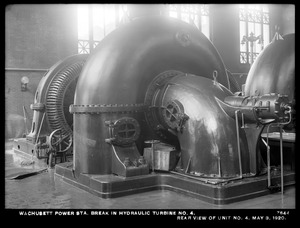 Wachusett Department, Wachusett Dam Hydroelectric Power Plant, break in turbine No. 4, rear view of unit No. 4, Clinton, Mass., May 3, 1920