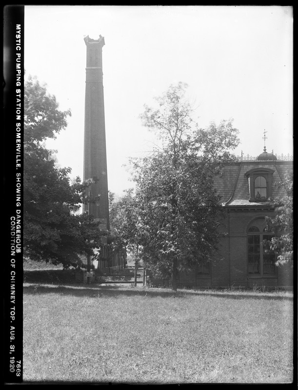 Distribution Department, Mystic Pumping Station, showing dangerous condition of chimney top, Somerville, Mass., Aug. 31, 1920
