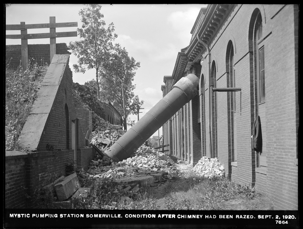 Distribution Department, Mystic Pumping Station, condition after chimney had been razed, Somerville, Mass., Sep. 2, 1920