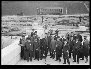 Wachusett Dam, Consulting Engineers for the Panama Canal; members of the International Board of Consulting Engineers; the Isthmian Canal Commission; the Metropolitan Water & Sewerage Board; and the Engineers of the Metropolitan Water & Sewerage Board, Water Works, abutment, looking towards Boylston Street, with car and horse-drawn railway on street, Clinton, Mass., Sep. 27, 1905