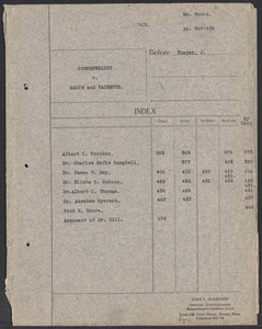 Sacco-Vanzetti Case Records, 1920-1928. Defense Papers. Stenographic Record: Commonwealth v. Sacco and Vanzetti before J. Thayer. Arguments re: Sacco's state of mind. Witnesses: Albert C. Crocker, Dr. Charles Mcfie Campbell, Dr. James V. May, Dr. Elisha H. Cohcon, Dr. Albert C. Thomas, Dr. Abraham Myerson, Fred H. Moore. Contains argument of Mr. Hill, April 18, 1923. Box 6, Folder 21, Harvard Law School Library, Historical & Special Collections