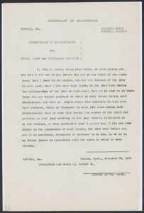 Sacco-Vanzetti Case Records, 1920-1928. Defense Papers. Affidavit of John F. Dever, November 29, 1921. Box 7, Folder 4, Harvard Law School Library, Historical & Special Collections