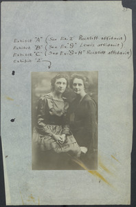 Sacco-Vanzetti Case Records, 1920-1928. Defense Papers. Exhibits, pages 39-40: 2 photographs (one is probably Minnie Z. Wheaton; the other is a group photograph labeled "Exhibit 'Wheaton Reunion'"). Box 9, Folder 7, Harvard Law School Library, Historical & Special Collections.