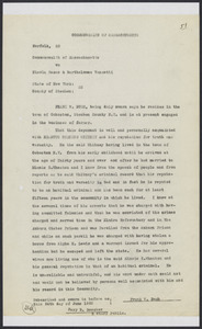 Sacco-Vanzetti Case Records, 1920-1928. Defense Papers. Exhibits, pages 51-61: Affidavits: Frank W. Bush, Allen T. Hoxter, Frank A. Peck, A.D. Pierce, C.L. Shattuck, John R. Wheaton, William B. Hoxter, June 1922. Box 9, Folder 10, Harvard Law School Library, Historical & Special Collections