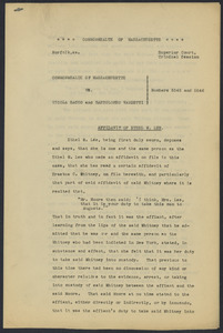 Sacco-Vanzetti Case Records, 1920-1928. Defense Papers. Affidavit/Deposition of Lee, Ethel W., October, 1923. Box 9, Folder 47, Harvard Law School Library, Historical & Special Collections
