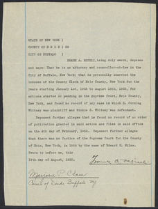 Sacco-Vanzetti Case Records, 1920-1928. Defense Papers. Affidavit/Deposition of Miceli, Frank A., August 19, 1922. Box 9, Folder 50, Harvard Law School Library, Historical & Special Collections