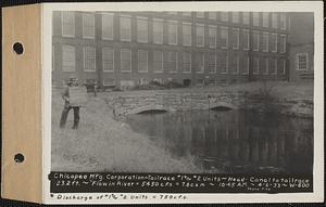 Chicopee Manufacturing Corp., tailrace #1 and #2 Units, head-canal to tailrace 23.2ft., flow in river 5450 cubic feet per second = 7.6 cubic feet per second per square mile, discharge #1 and #2 Units = 750 cubic feet per second, Chicopee, Mass., 10:45 AM, Apr. 6, 1933