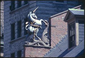 Unicorn statue on exterior of Old State House, Boston