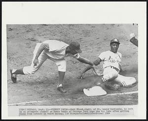 Pickoff Fails--Curt Flood, right, of St, Louis Cardinals, is on an attempted pickoff as Ernie Banks of Chicago Cubs tags him too late after getting throw from catcher in third inning.