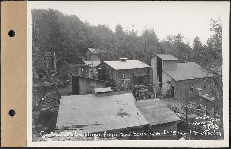 Contract No. 17, West Portion, Wachusett-Coldbrook Tunnel, Rutland, Oakham, Barre, contractor's buildings from spoil bank, Shaft 5, Rutland, Mass., Sep. 30, 1929