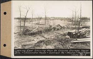 Contract No. 96, Chlorine Storage House and Equipment and Chlorinating Equipment for Gate House at Norumbega Reservoir, Weston, looking east showing work on chlorine storage house site, chlorinator house, Weston, Mass., Apr. 23, 1940