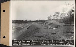 Contract No. 96, Chlorine Storage House and Equipment and Chlorinating Equipment for Gate House at Norumbega Reservoir, Weston, looking east from gatehouse showing general conditions near chlorinator house, chlorinator storage house, Weston, Mass., Sep. 26, 1940