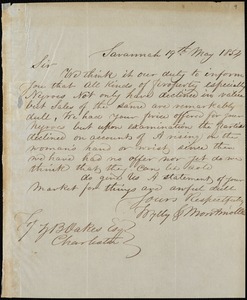 Wylly & Montmollin, Savannah, Ga., manuscript letter signed to Ziba B. Oakes, 19 May 1854