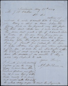 A. J. McElveen, Sumpterville, S.C., autograph note signed to Ziba B. Oakes, 27 May 1854