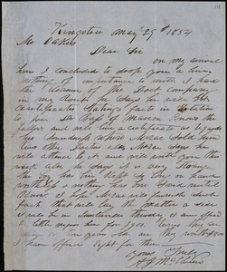 A. J. McElveen, Kingstree, S.C., autograph letter signed to Ziba B. Oakes, 29 May 1854