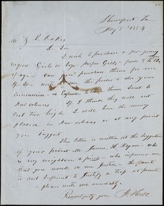 A, Hill, Shreveport, La.., autograph letter signed  to Ziba B. Oakes, 5 May 1854