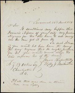 Wylly & Montmollin, Savannah, Ga., manuscript letter signed to Ziba B. Oakes, 23 March 1854