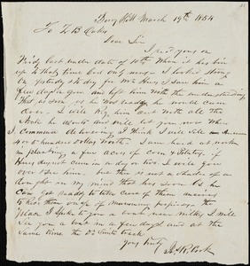 James. R. Cooke, Berry Hill, autograph letter signed to Ziba B. Oakes, 19 March 1854