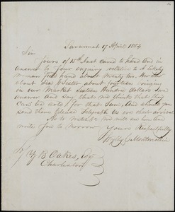 Wylly & Montmollin, Savannah, Ga., manuscript letter signed to Ziba B. Oakes, 17 April 1854
