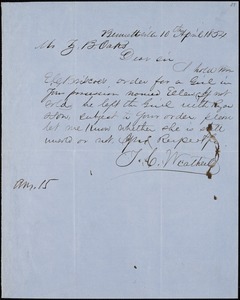 T. C. Weatherby, Bennettsville, S.C., autograph letter signed to Ziba B. Oakes, 10 April 1854