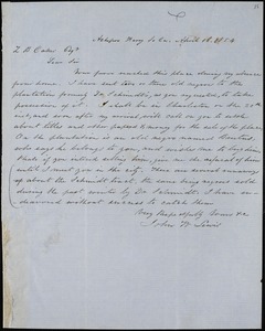 John W. Lewis, Ashepoo Ferry, S.C., autograph letter signed to Ziba B. Oakes, 16 April 1854