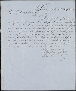 William Wright, Savannah, Ga., autograph letter signed to Ziba B. Oakes, 15 April 1854
