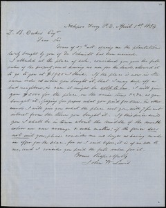John W. Lewis, Ashepoo Ferry Post Office, S.C., autograph letter signed to Ziba B. Oakes, 1 April 1854