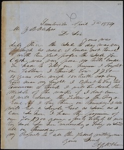 A. J. McElveen, Sumterville, S.C., autograph letter signed to Ziba B. Oakes, 3 April 1854