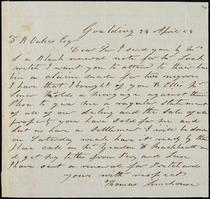 Thomas Limehouse, Goulding, S.C.[?], autograph letter signed to Ziba B. Oakes, 24 April 1854