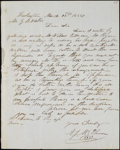 A. J. McElveen, Darlington, S.C., autograph letter signed to Ziba B. Oakes, 22 March 1854