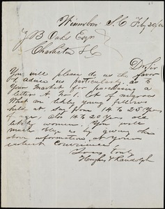 Hughes & Randolph, Winnsborough, manuscript letter signed to Ziba B. Oakes, 20 February 1854