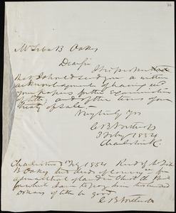 C.B. Northrop, Charleston, S.C., autograph letter signed to Ziba B. Oakes, 3 February 1854