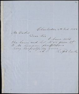 Ralph Earle, Charleston, S.C., autograph letter signed to Ziba B. Oakes, 8 February 1854