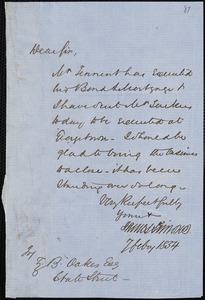 James Simons autograph letter signed to Ziba B. Oakes, 7 February 1854