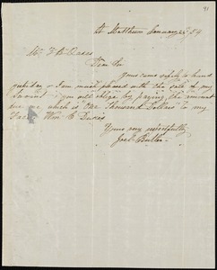 Joel Butler, St. Matthews, KY, [?], autograph letter signed to Ziba B. Oakes, 26 January 1854