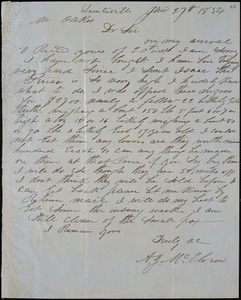 A. J. McElveen, Sumterville, S.C., autograph letter signed to Ziba B. Oakes, 27 January 1854