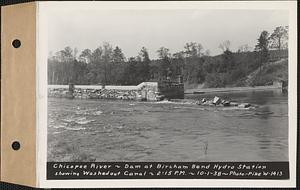 Chicopee River, dam at Bircham Bend hydroelectric station, showing washed out canal, Springfield, Mass., 2:15 PM, Oct. 1, 1938